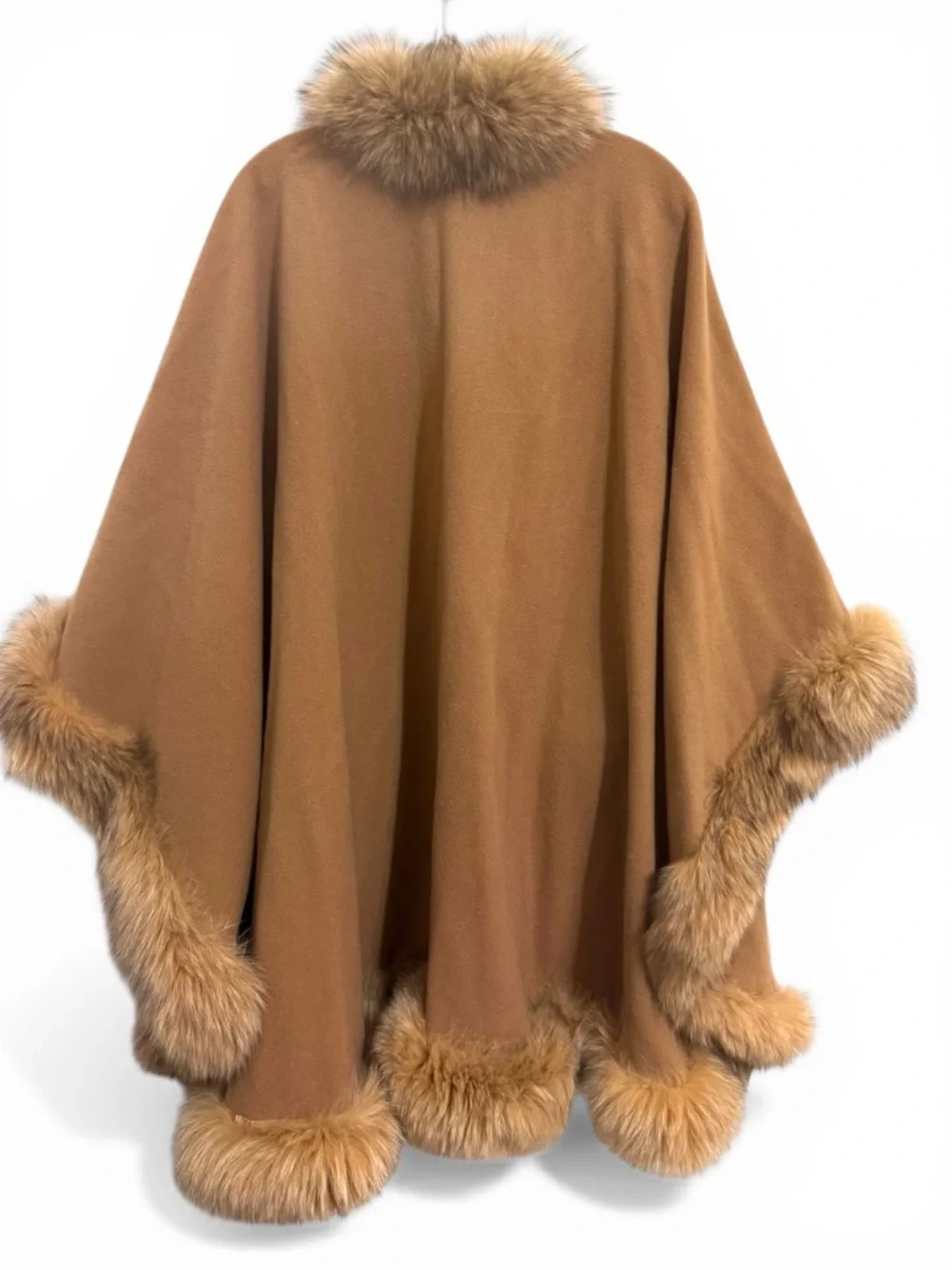 Lux Cashmere Fox Fur Trimmed Wrap Cape in Neutral Camel Italian Made FLAWS - Picture 2 of 10